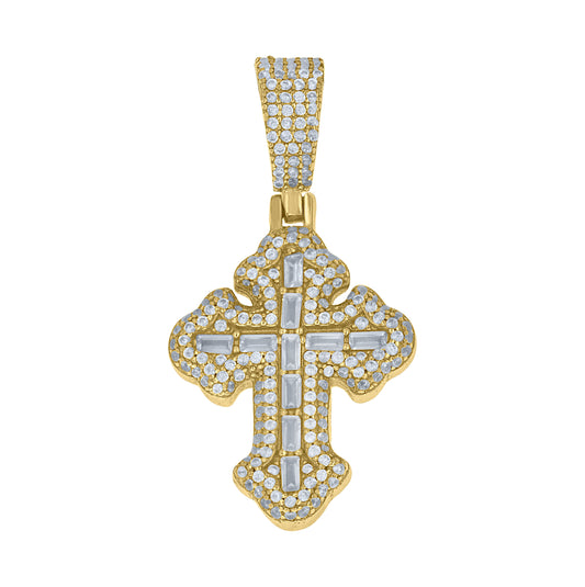 Sterling Silver Yellow-Tone Unisex Baguette Round Cubic-Zirconia Budded Cross Religious Pendant – Elegant Jewelry Gift for Birthday, Anniversary, Engagement, Wedding