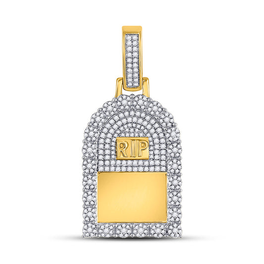 10K Yellow Gold Mens Round Diamond Headstone RIP Picture Memory Pendant 1-1/2 Cttw, Length: 1.95 In, Width: 0.94 In