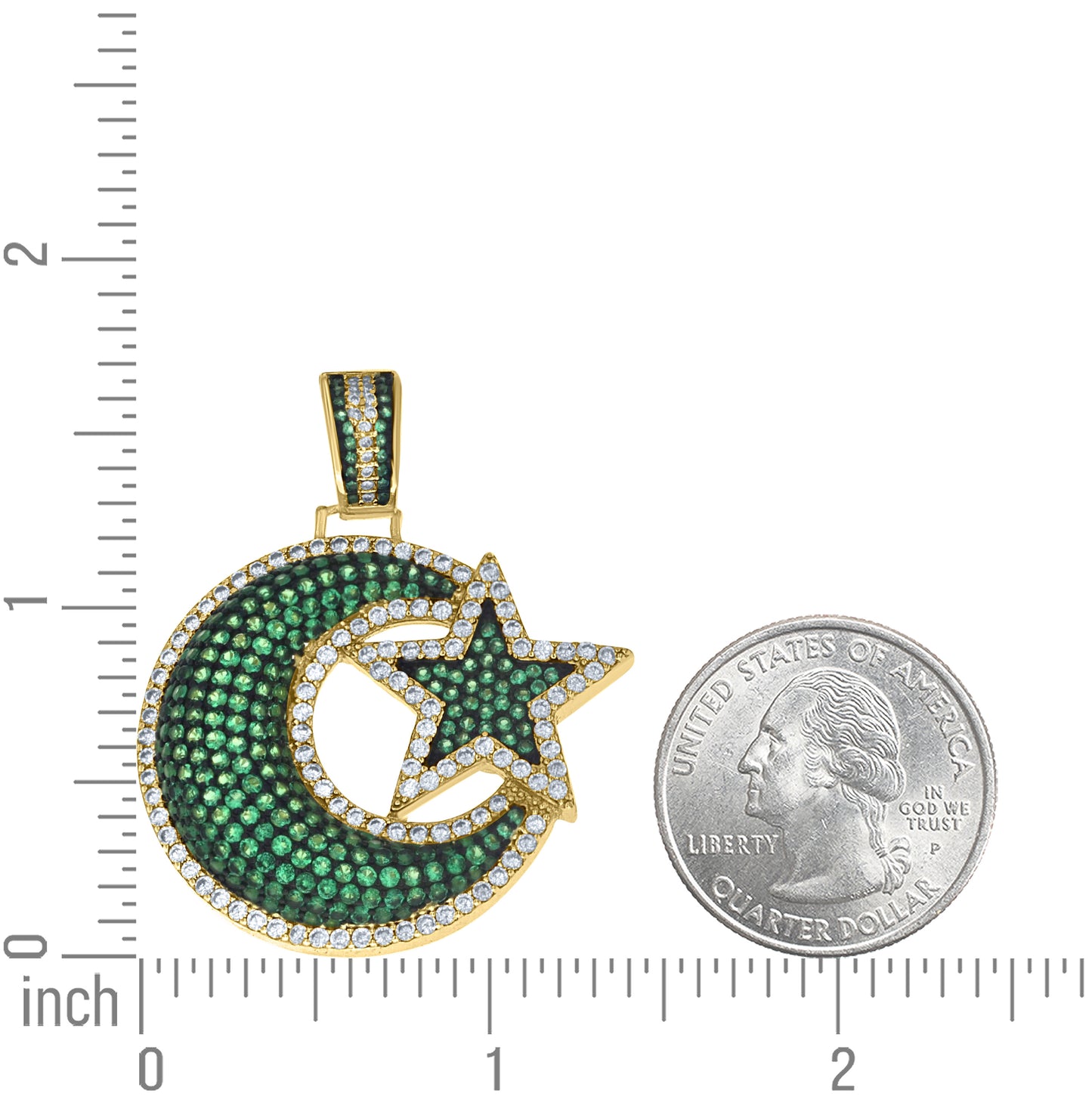 Sterling Silver Yellow-Tone Unisex Green White Cubic-Zirconia Crescent Moon And Star Pendant – Elegant Jewelry Gift for Birthday, Anniversary, Engagement, Wedding