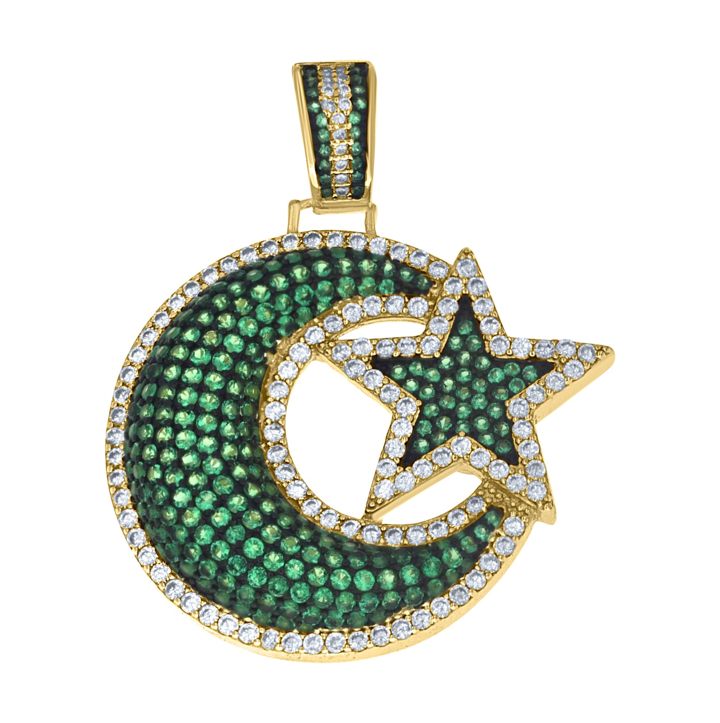 Sterling Silver Yellow-Tone Unisex Green White Cubic-Zirconia Crescent Moon And Star Pendant – Elegant Jewelry Gift for Birthday, Anniversary, Engagement, Wedding