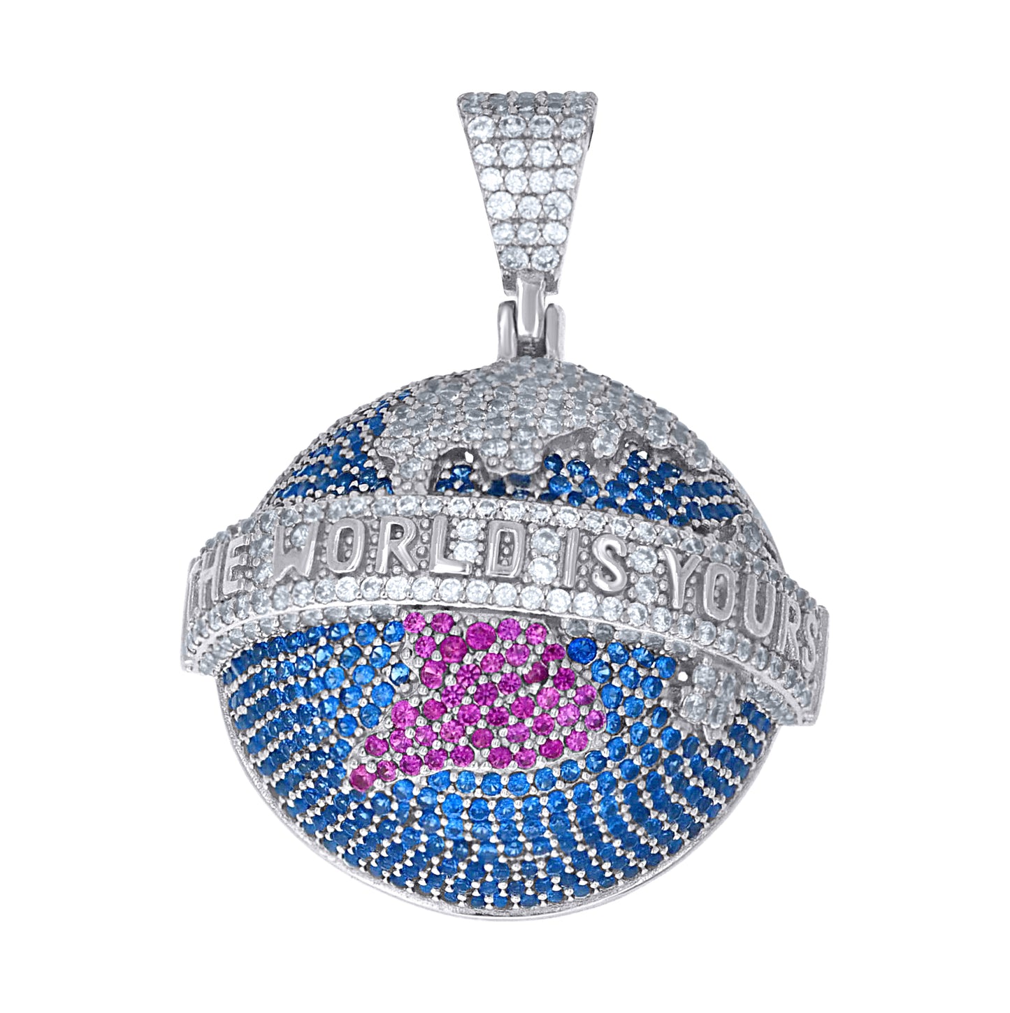 Sterling Silver Mens Pink Blue White Cubic-Zirconia The World Is Yours World Map Globe Pendant – Elegant Jewelry Gift for Birthday, Anniversary, Engagement, Wedding