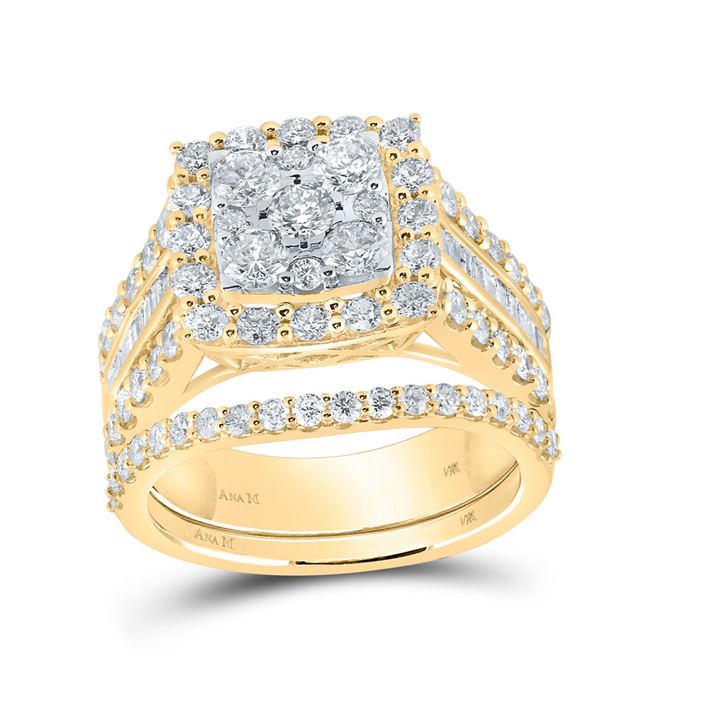 14K Yellow Gold Round Diamond Square Halo Bridal Wedding Ring Band Set 2-1/4 Cttw, Womens Size: 5-10