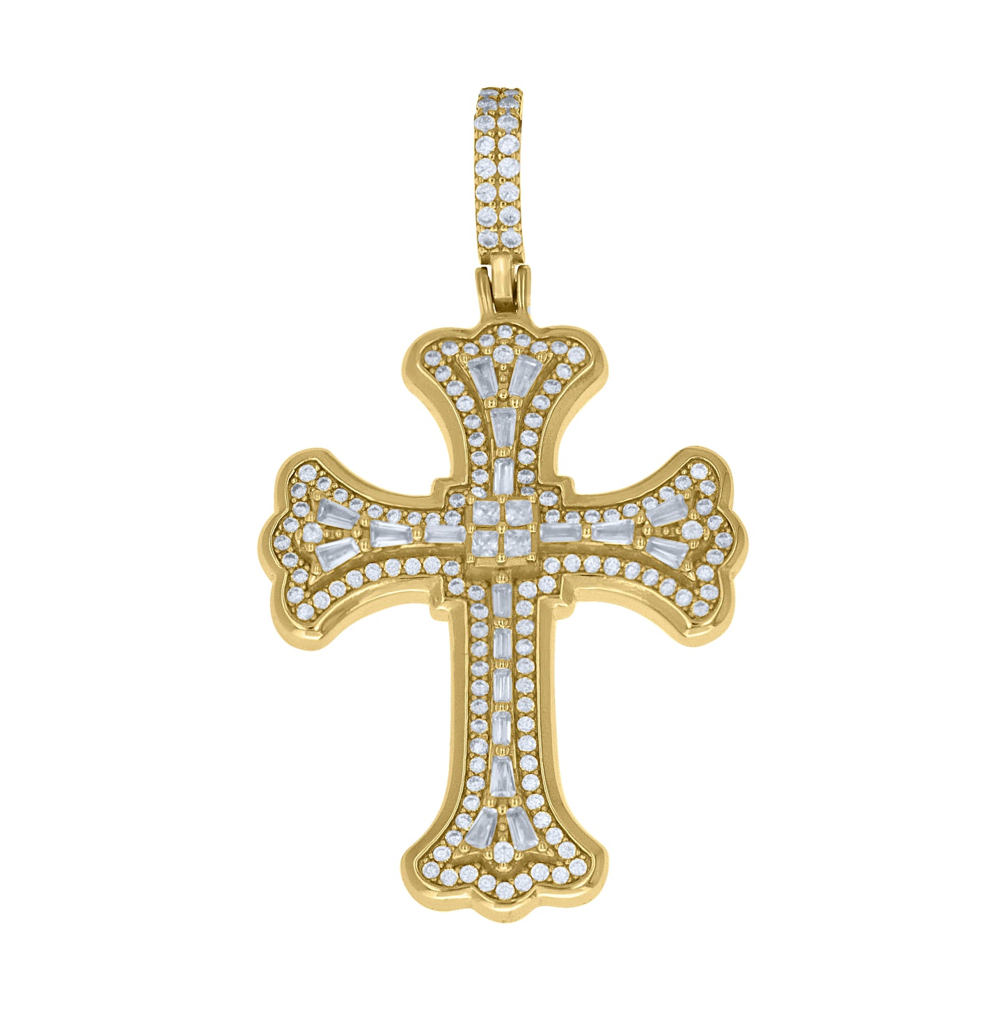 Sterling Silver Yellow-Tone Unisex Baguette Princess-Cut Round Cubic-Zirconia Cross Pendant – Elegant Jewelry Gift for Birthday, Anniversary, Engagement, Wedding