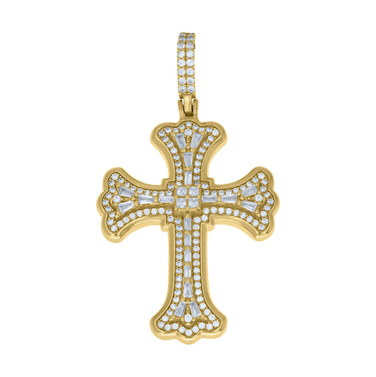 Sterling Silver Yellow-Tone Unisex Baguette Princess-Cut Round Cubic-Zirconia Cross Pendant – Elegant Jewelry Gift for Birthday, Anniversary, Engagement, Wedding