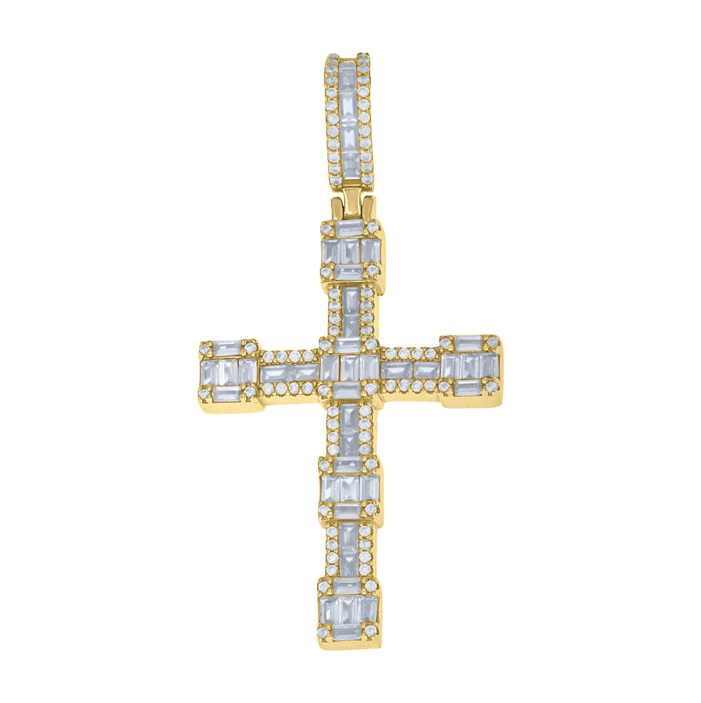 Sterling Silver Yellow-Tone Unisex Baguette Round Cubic-Zirconia Cross Religious Pendant – Elegant Jewelry Gift for Birthday, Anniversary, Engagement, Wedding
