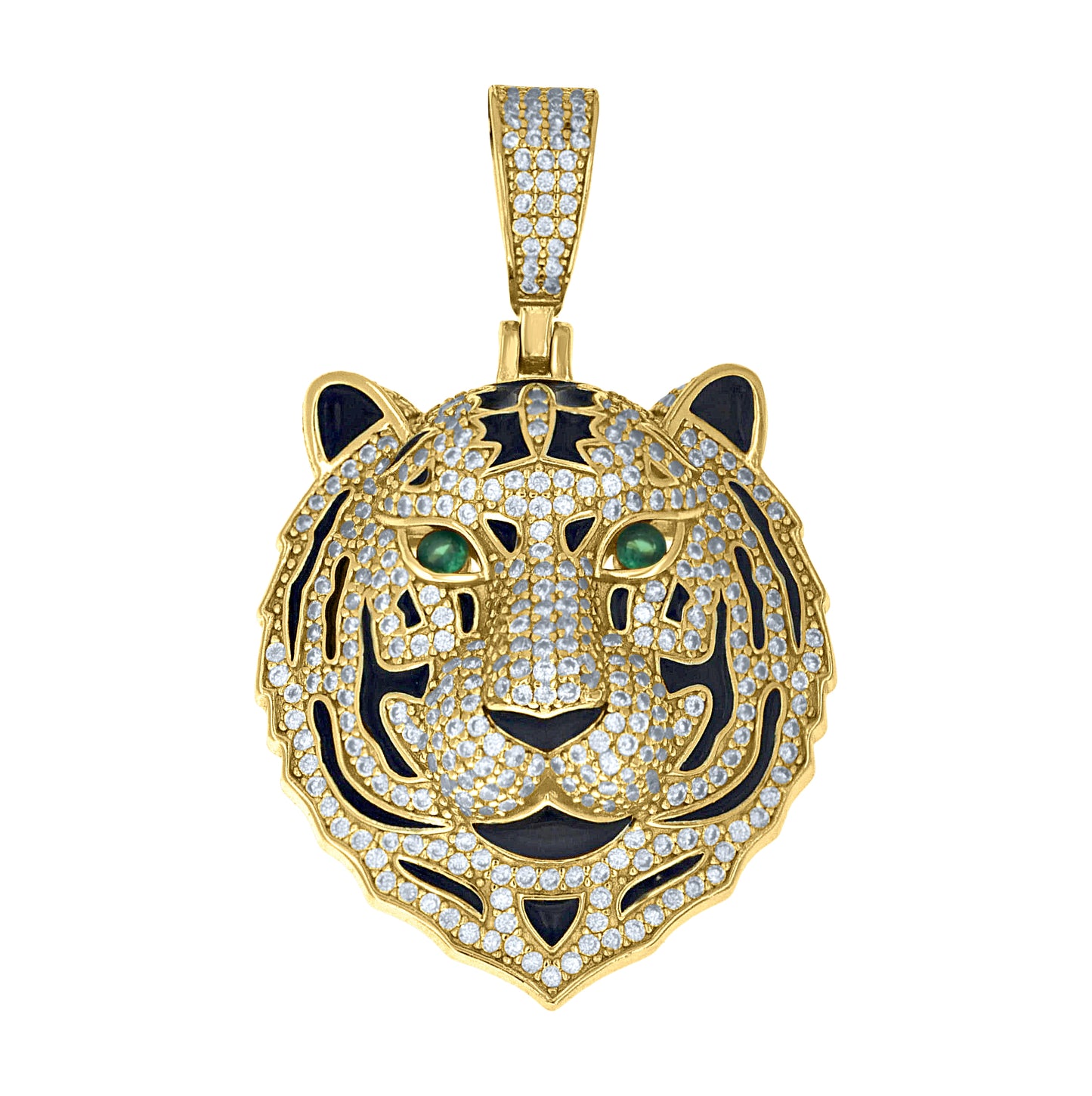 Sterling Silver Yellow-Tone Mens Green White Cubic-Zirconia Enameled Tiger Head Pendant – Elegant Jewelry Gift for Birthday, Anniversary, Engagement, Wedding