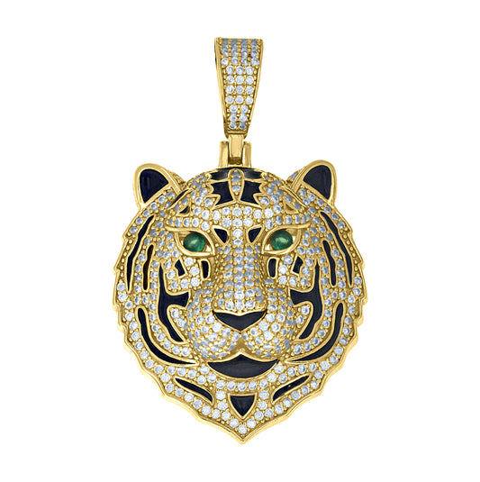 Sterling Silver Yellow-Tone Mens Green White Cubic-Zirconia Enameled Tiger Head Pendant – Elegant Jewelry Gift for Birthday, Anniversary, Engagement, Wedding