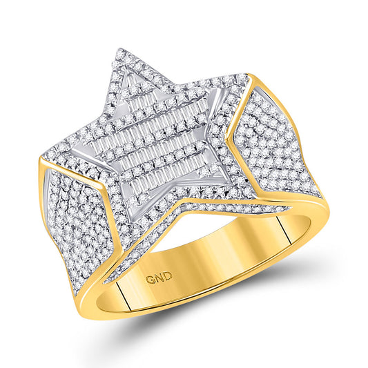10K Yellow Gold Mens Baguette Diamond Cluster Star Ring 1 Cttw, Mens Size: 7-13