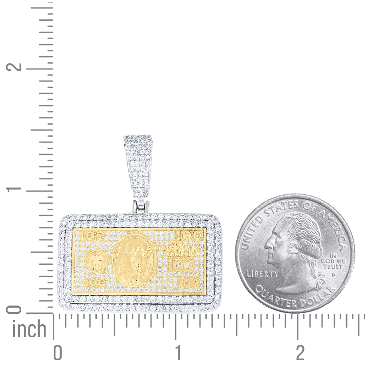 Sterling Silver Yellow-tone Mens Cubic-Zirconia 100 Dollar Bill Currency Pendant – Elegant Jewelry Gift for Birthday, Anniversary, Engagement, Wedding