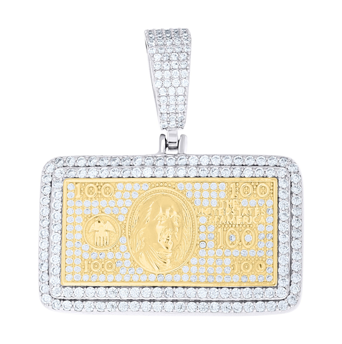 Sterling Silver Yellow-tone Mens Cubic-Zirconia 100 Dollar Bill Currency Pendant – Elegant Jewelry Gift for Birthday, Anniversary, Engagement, Wedding