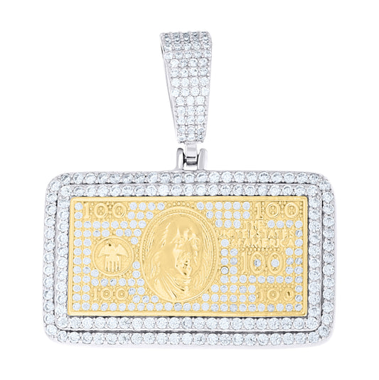 Sterling Silver Yellow-tone Mens Cubic-Zirconia 100 Dollar Bill Currency Pendant – Elegant Jewelry Gift for Birthday, Anniversary, Engagement, Wedding