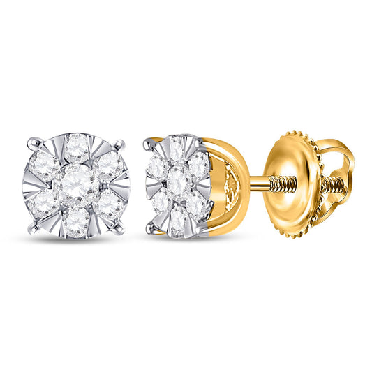 14K Yellow Gold Womens Round Diamond Flower Cluster Earrings 1/4 Cttw
