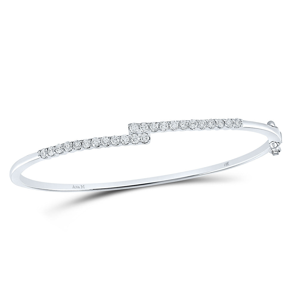 14K White Gold Womens Round Diamond Bypass Bangle Bracelet 1 Cttw