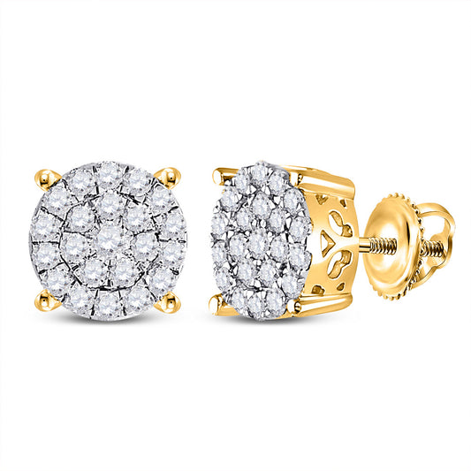 14K Yellow Gold Womens Round Diamond Cluster Earrings 1 Cttw, Length: 0.37 In, Width: 0.37 In