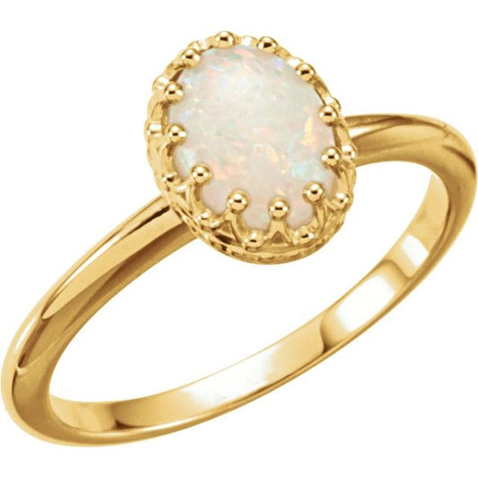 14K Yellow Gold Oval 7 X 5 Mm Polished Natural White Opal Crown Ring, Size 7
