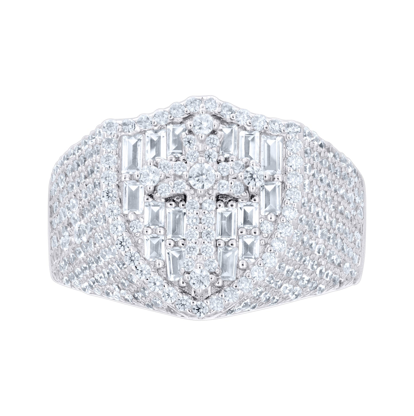 Sterling Silver Mens Baguette Round Cubic-Zirconia Cross Religious Ring Size 10– Elegant Jewelry Gift for Birthday, Anniversary, Engagement, Wedding