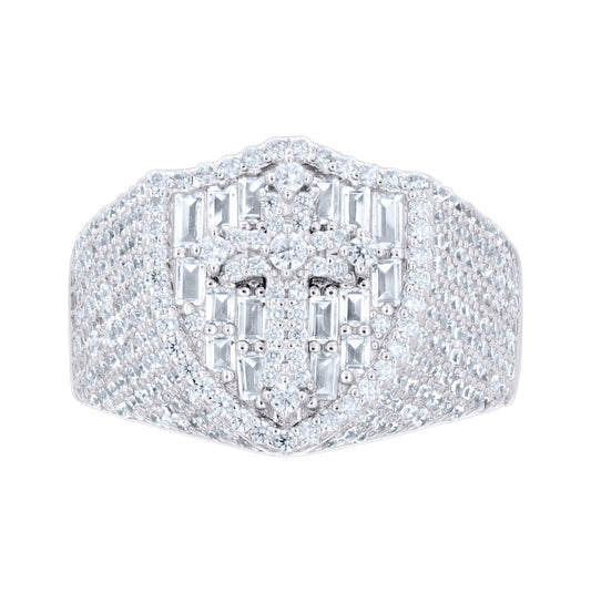Sterling Silver Mens Baguette Round Cubic-Zirconia Cross Religious Ring Size 10– Elegant Jewelry Gift for Birthday, Anniversary, Engagement, Wedding