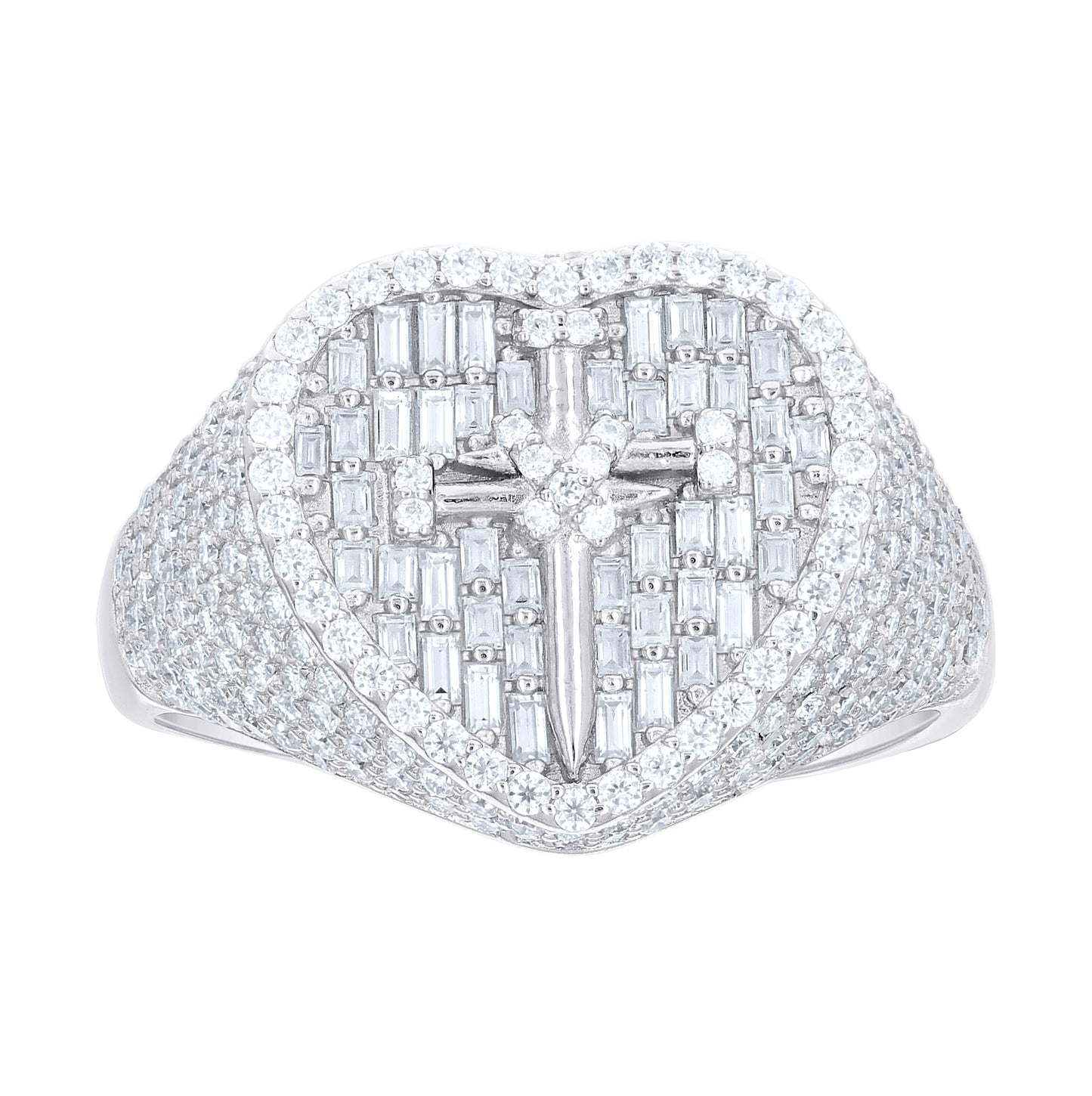Sterling Silver Womens Baguette Round Cubic-Zirconia Heart Cross Religious Ring Size 10– Elegant Jewelry Gift for Birthday, Anniversary, Engagement, Wedding