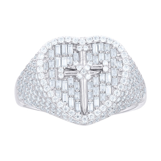 Sterling Silver Womens Baguette Round Cubic-Zirconia Heart Cross Religious Ring Size 10– Elegant Jewelry Gift for Birthday, Anniversary, Engagement, Wedding
