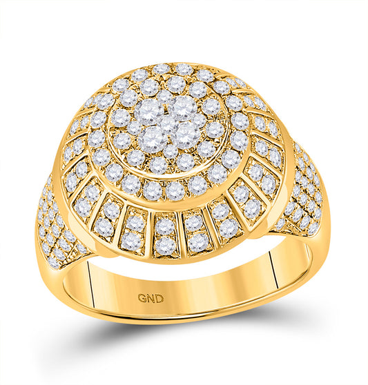 10K Yellow Gold Mens Round Diamond Statement Cluster Ring 1-7/8 Cttw, Mens Size: 7-13
