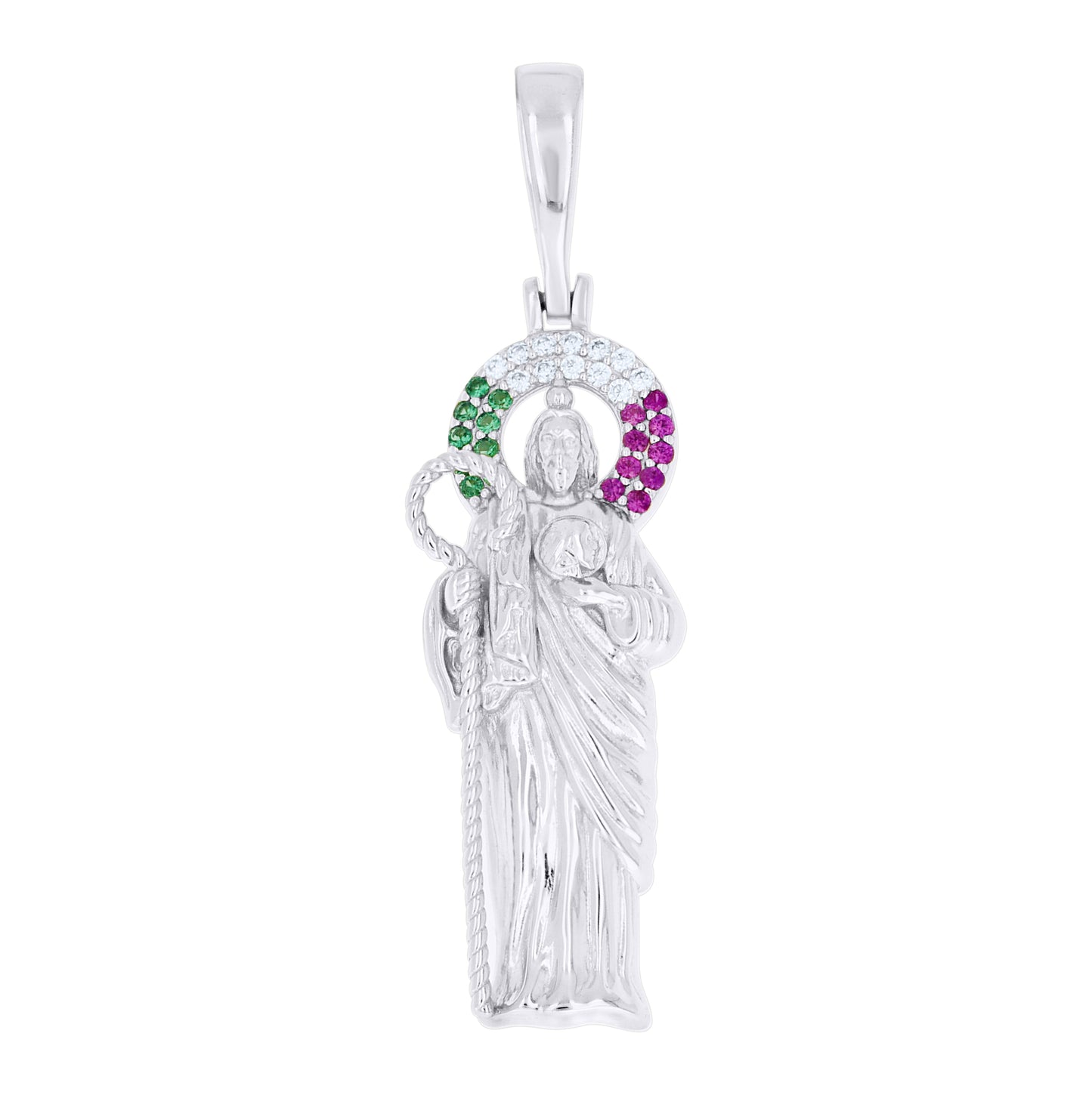 Sterling Silver Unisex Green Pink White Cubic-Zirconia St. Jude Religious Pendant – Elegant Jewelry Gift for Birthday, Anniversary, Engagement, Wedding