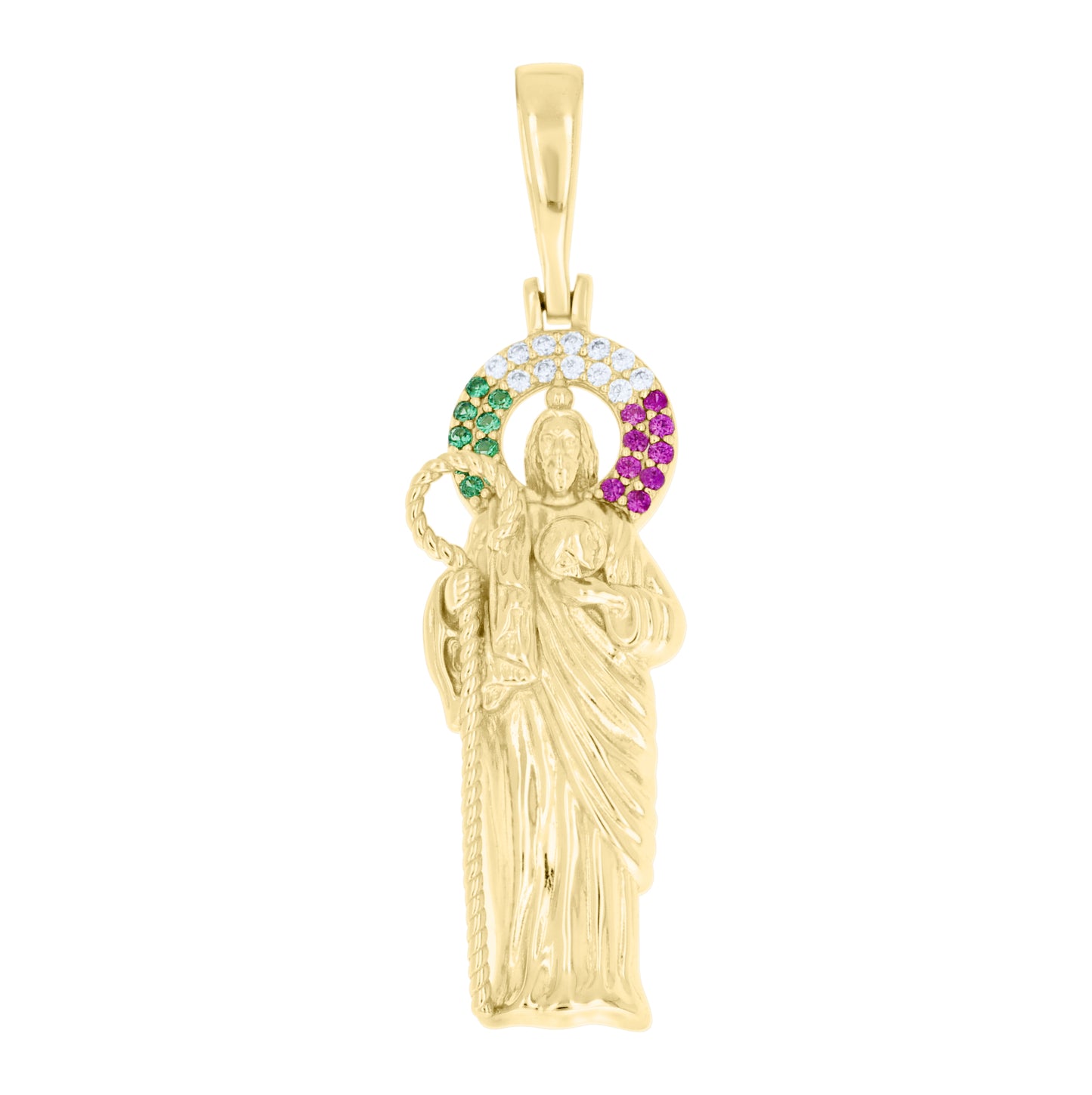 Sterling Silver Unisex Green Pink White Cubic-Zirconia St. Jude Religious Pendant – Elegant Jewelry Gift for Birthday, Anniversary, Engagement, Wedding
