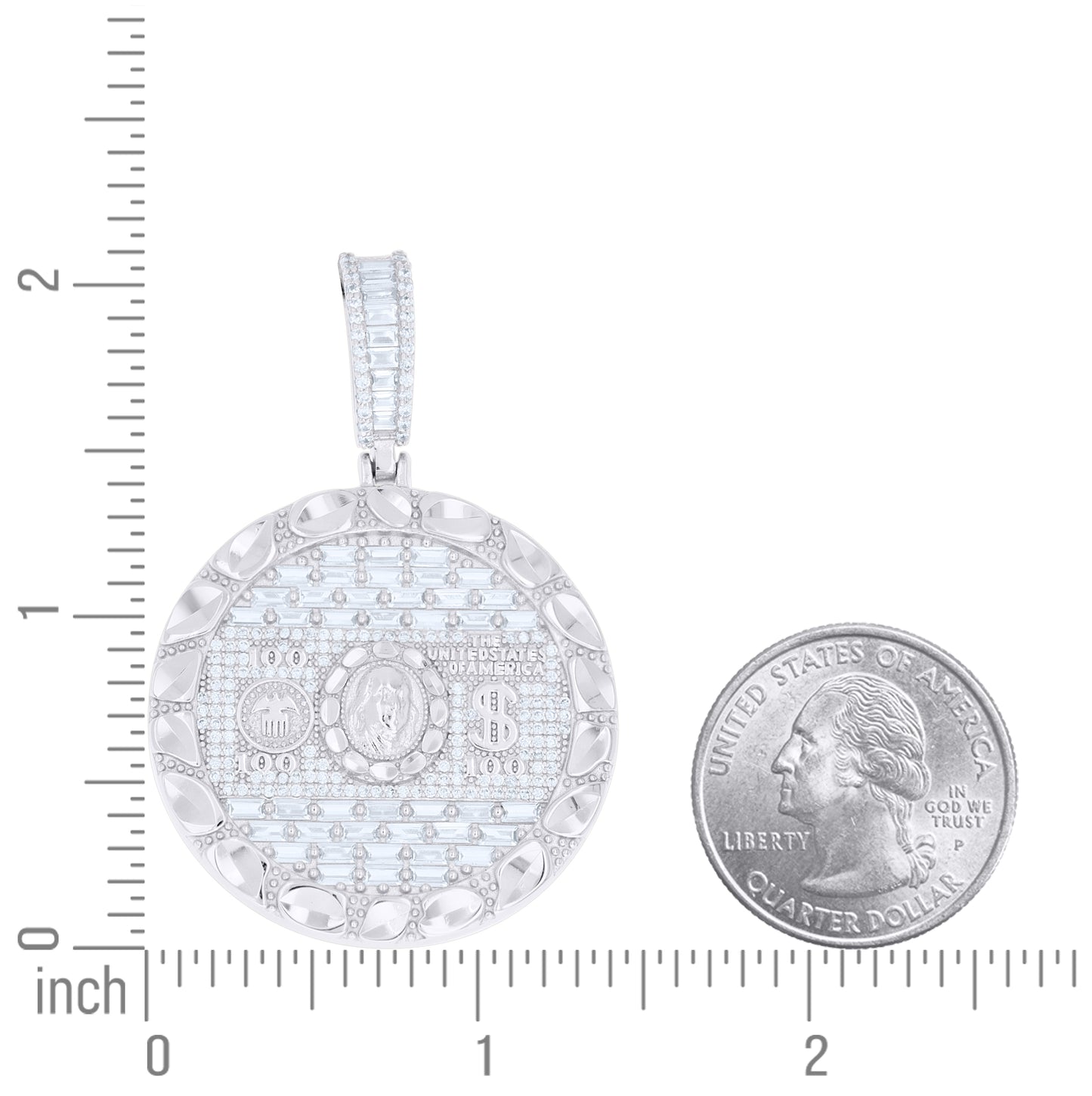 Sterling Silver Mens Baguette Round Cubic-Zirconia 100 Dollar Bill Currency Pendant – Elegant Jewelry Gift for Birthday, Anniversary, Engagement, Wedding