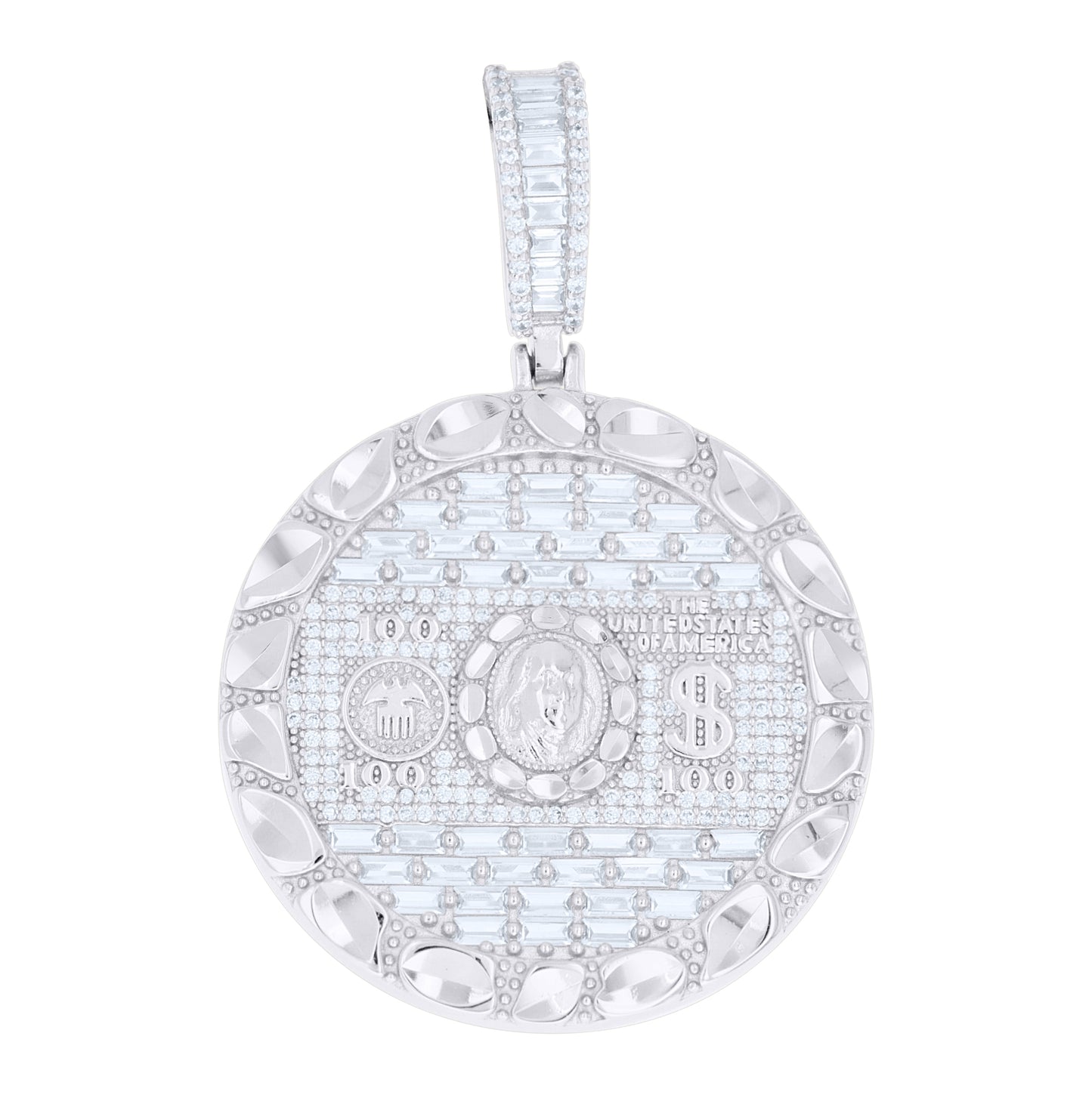 Sterling Silver Mens Baguette Round Cubic-Zirconia 100 Dollar Bill Currency Pendant – Elegant Jewelry Gift for Birthday, Anniversary, Engagement, Wedding