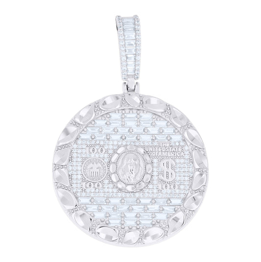 Sterling Silver Mens Baguette Round Cubic-Zirconia 100 Dollar Bill Currency Pendant – Elegant Jewelry Gift for Birthday, Anniversary, Engagement, Wedding
