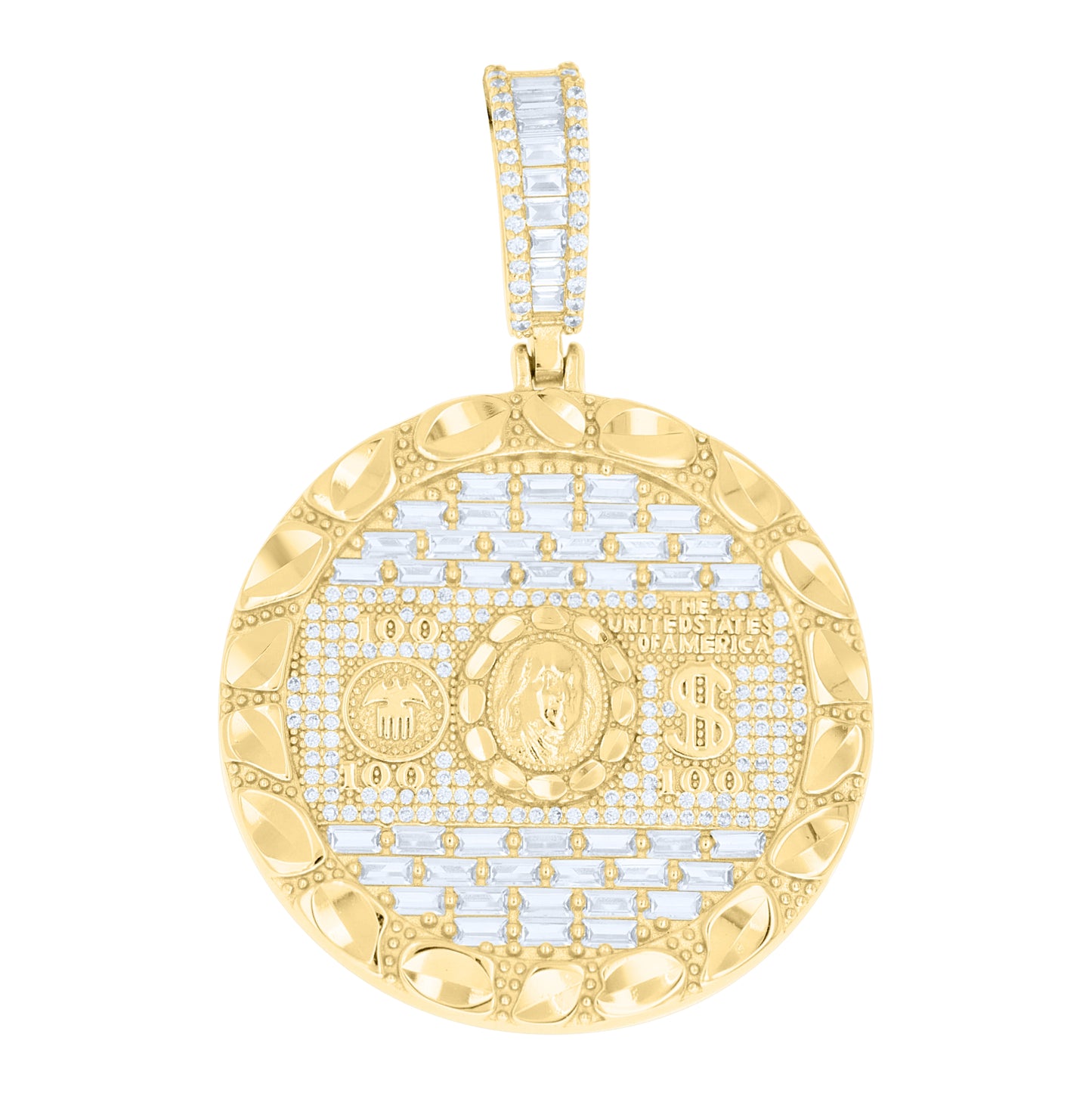 Sterling Silver Mens Baguette Round Cubic-Zirconia 100 Dollar Bill Currency Pendant – Elegant Jewelry Gift for Birthday, Anniversary, Engagement, Wedding