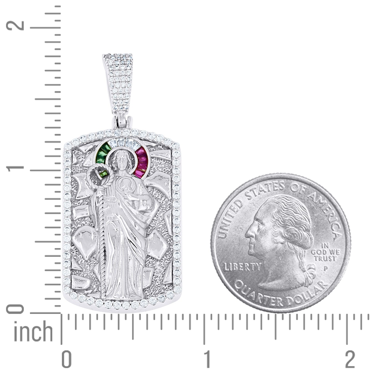 Sterling Silver Men White Green/Purple Round Baguette Cubic-Zirconia Nugget Dog Tag St. Jude Religious Charm Pendant – Elegant Jewelry Gift for Birthday, Anniversary, Engagement, Wedding