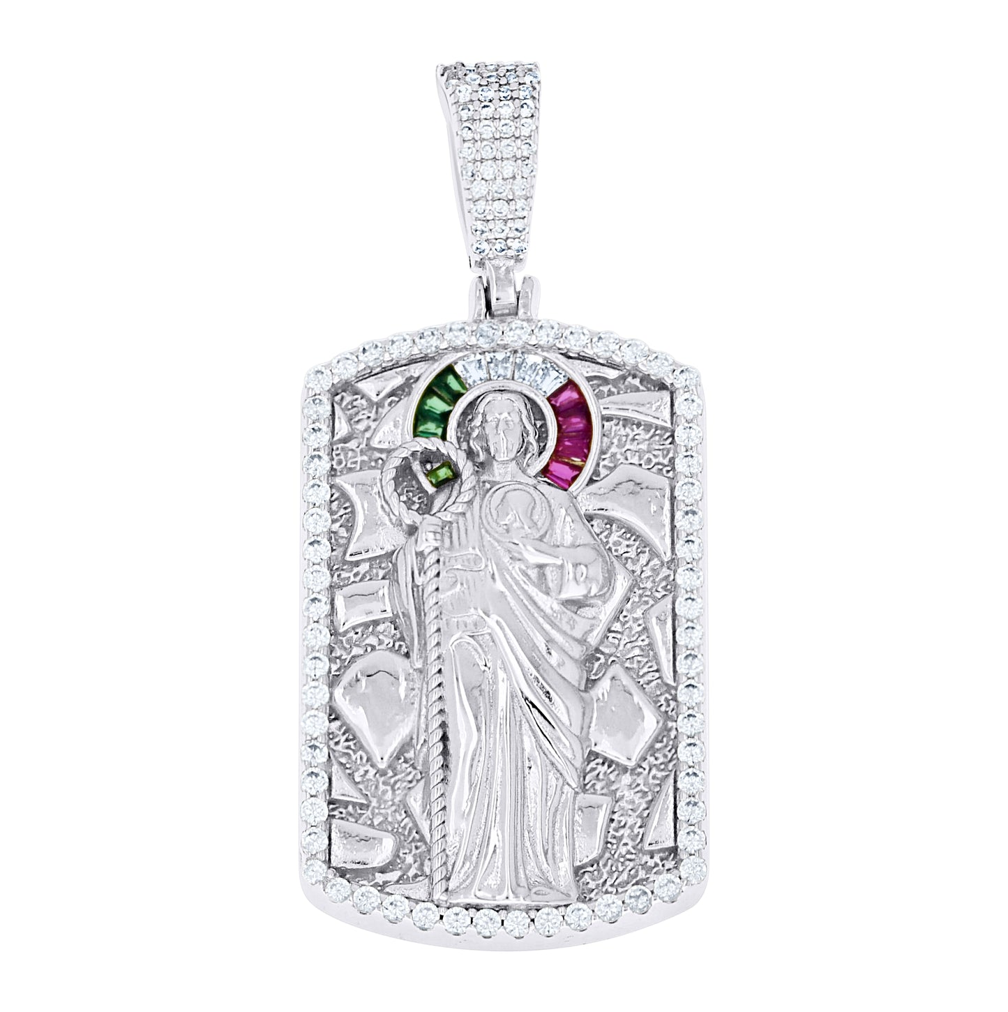Sterling Silver Men White Green/Purple Round Baguette Cubic-Zirconia Nugget Dog Tag St. Jude Religious Charm Pendant – Elegant Jewelry Gift for Birthday, Anniversary, Engagement, Wedding
