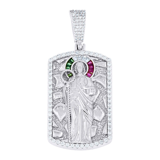 Sterling Silver Men White Green/Purple Round Baguette Cubic-Zirconia Nugget Dog Tag St. Jude Religious Charm Pendant – Elegant Jewelry Gift for Birthday, Anniversary, Engagement, Wedding