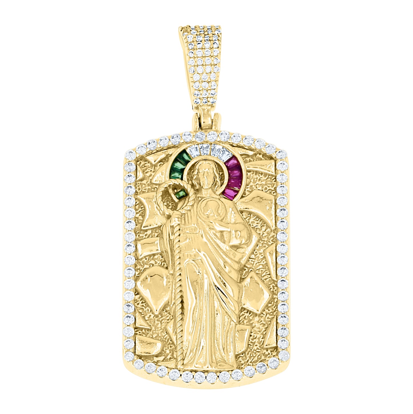Sterling Silver Men White Green/Purple Round Baguette Cubic-Zirconia Nugget Dog Tag St. Jude Religious Charm Pendant – Elegant Jewelry Gift for Birthday, Anniversary, Engagement, Wedding