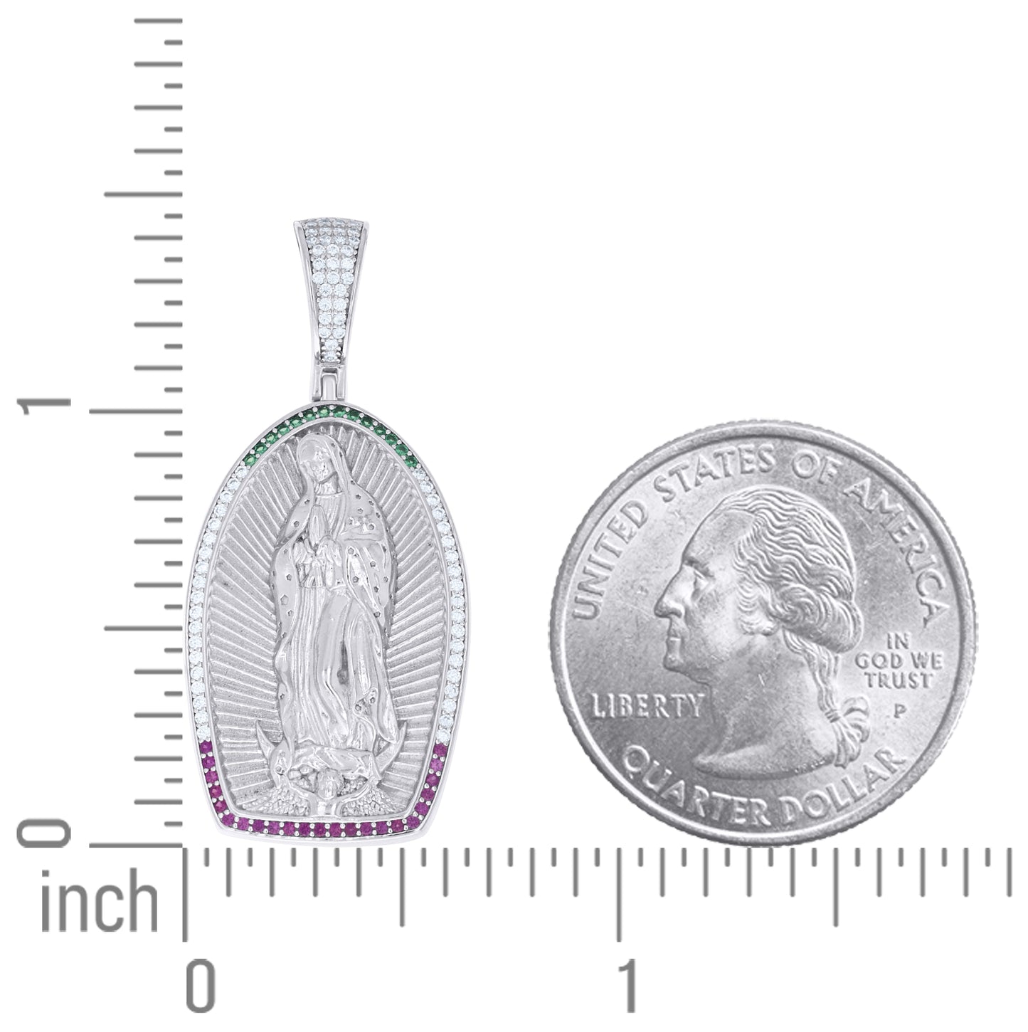 Sterling Silver Unisex White Green/Purple Cubic-Zirconia Guadalupe Religious Charm Pendant – Elegant Jewelry Gift for Birthday, Anniversary, Engagement, Wedding