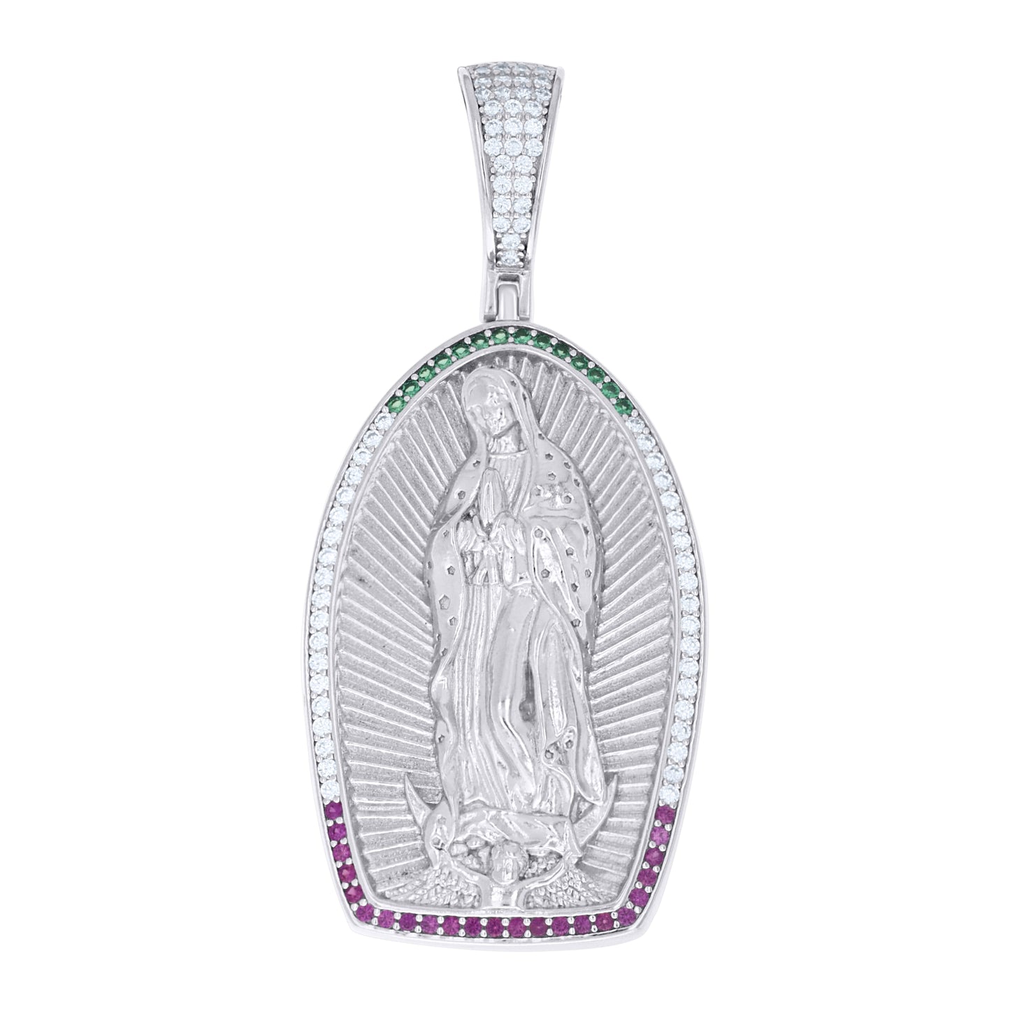 Sterling Silver Unisex White Green/Purple Cubic-Zirconia Guadalupe Religious Charm Pendant – Elegant Jewelry Gift for Birthday, Anniversary, Engagement, Wedding