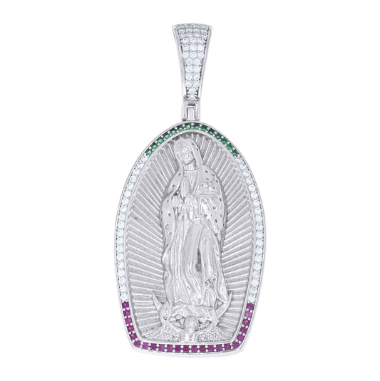 Sterling Silver Unisex White Green/Purple Cubic-Zirconia Guadalupe Religious Charm Pendant – Elegant Jewelry Gift for Birthday, Anniversary, Engagement, Wedding