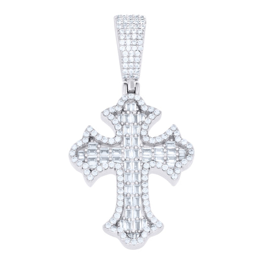 Sterling Silver Unisex Round Baguette Cubic-Zirconia Cross Religious Charm Pendant – Elegant Jewelry Gift for Birthday, Anniversary, Engagement, Wedding