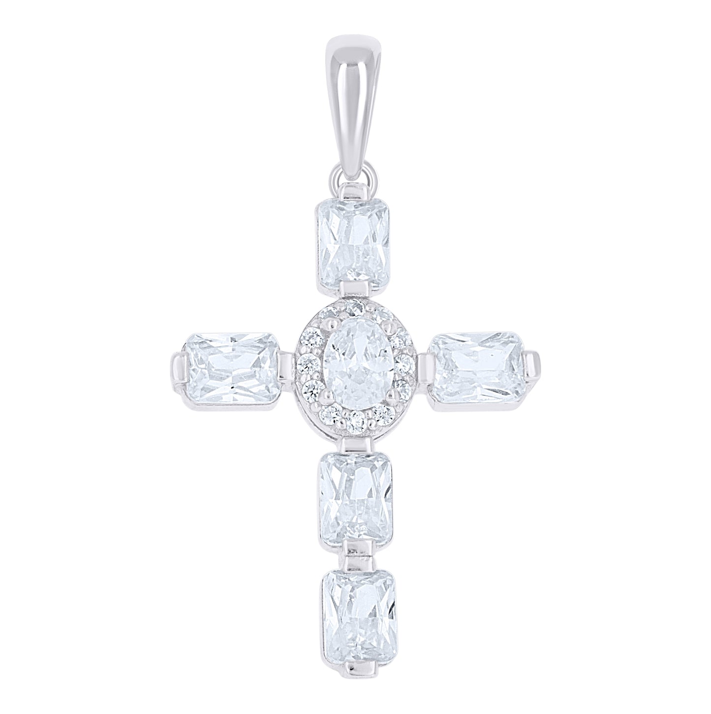 Sterling Silver Unisex Round Oval/Emerald-cut Cubic-Zirconia Cross Religious Charm Pendant – Elegant Jewelry Gift for Birthday, Anniversary, Engagement, Wedding
