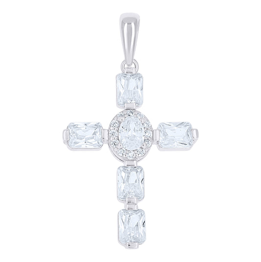 Sterling Silver Unisex Round Oval/Emerald-cut Cubic-Zirconia Cross Religious Charm Pendant – Elegant Jewelry Gift for Birthday, Anniversary, Engagement, Wedding