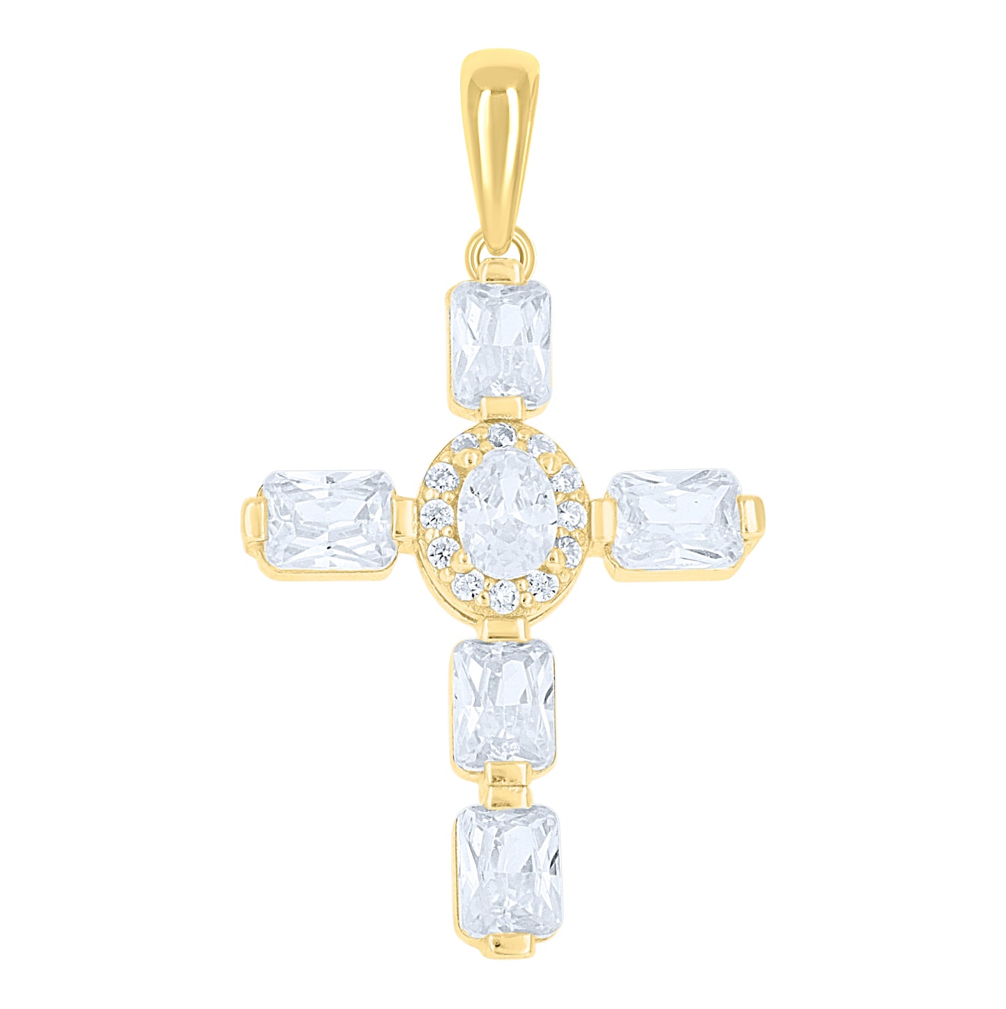 Sterling Silver Unisex Round Oval/Emerald-cut Cubic-Zirconia Cross Religious Charm Pendant – Elegant Jewelry Gift for Birthday, Anniversary, Engagement, Wedding