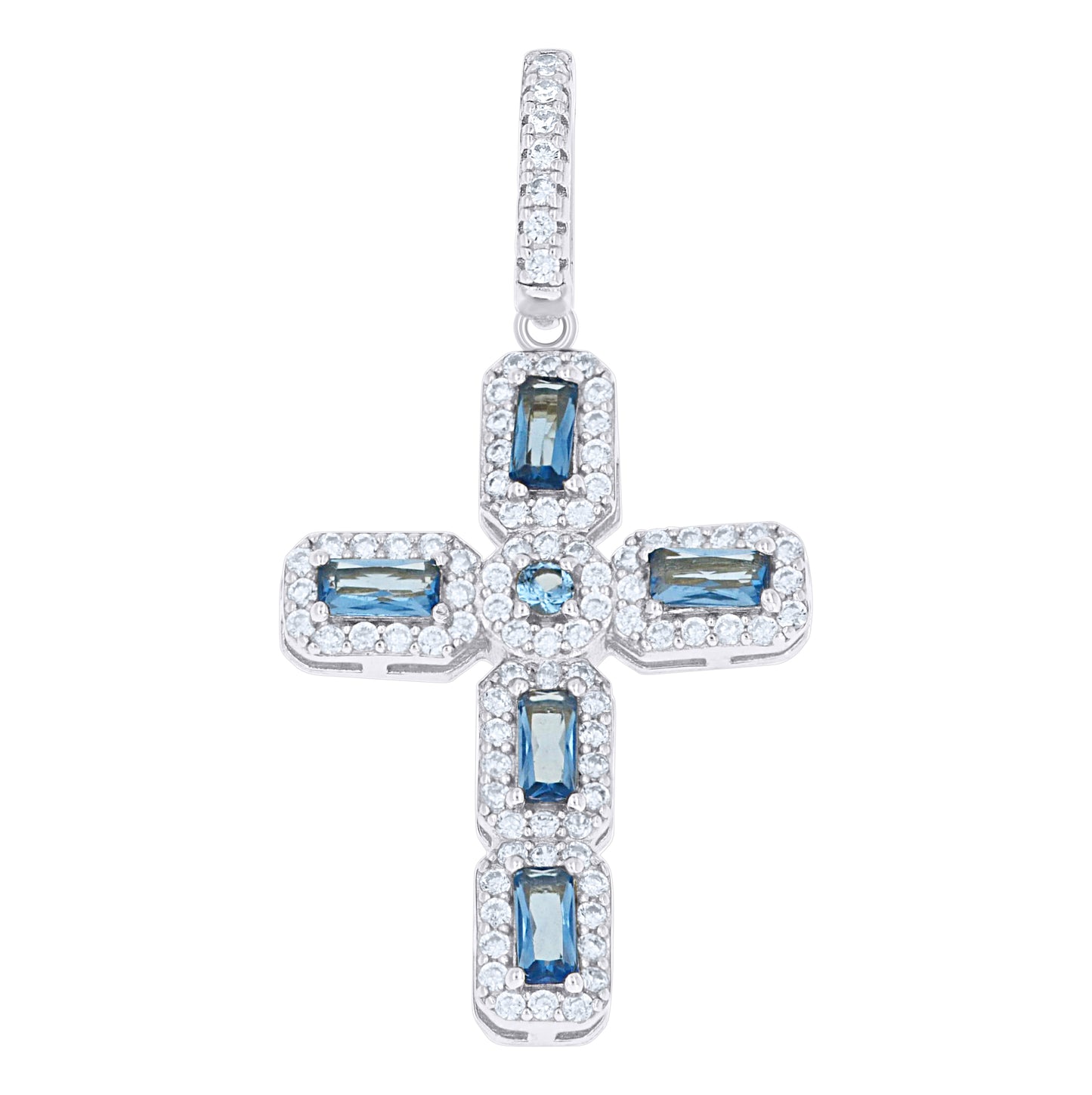 Sterling Silver Unisex White Blue Round Emerald-cut Cubic-Zirconia Cross Religious Charm Pendant – Elegant Jewelry Gift for Birthday, Anniversary, Engagement, Wedding