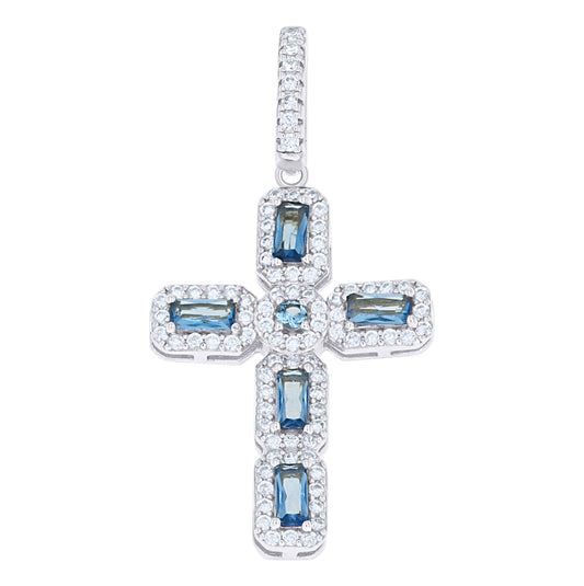 Sterling Silver Unisex White Blue Round Emerald-cut Cubic-Zirconia Cross Religious Charm Pendant – Elegant Jewelry Gift for Birthday, Anniversary, Engagement, Wedding