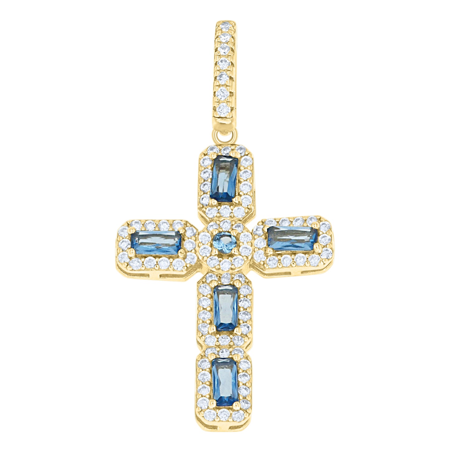 Sterling Silver Unisex White Blue Round Emerald-cut Cubic-Zirconia Cross Religious Charm Pendant – Elegant Jewelry Gift for Birthday, Anniversary, Engagement, Wedding