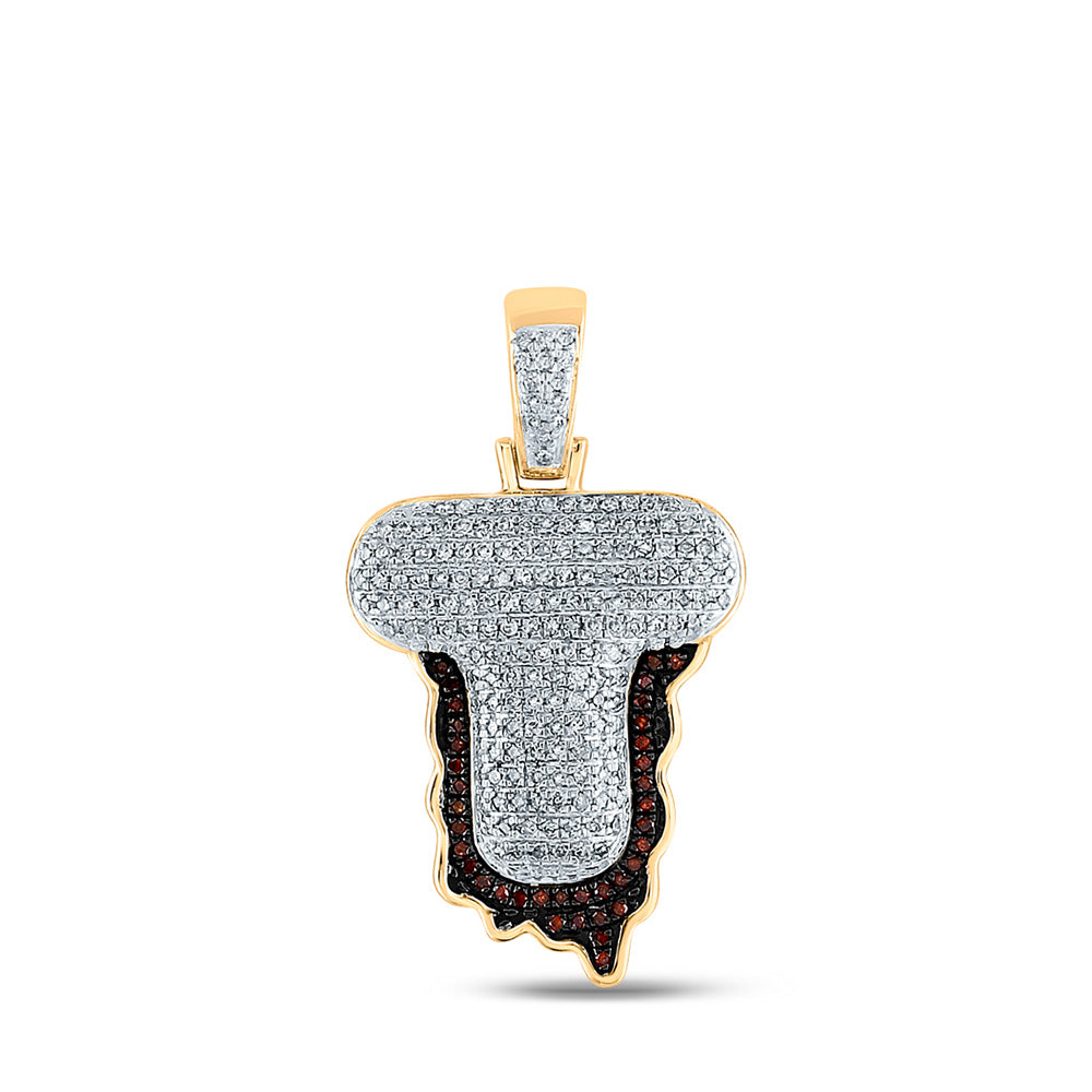 10K Yellow Gold Mens Round Red Color Enhanced Diamond Letter Blood Charm Pendant