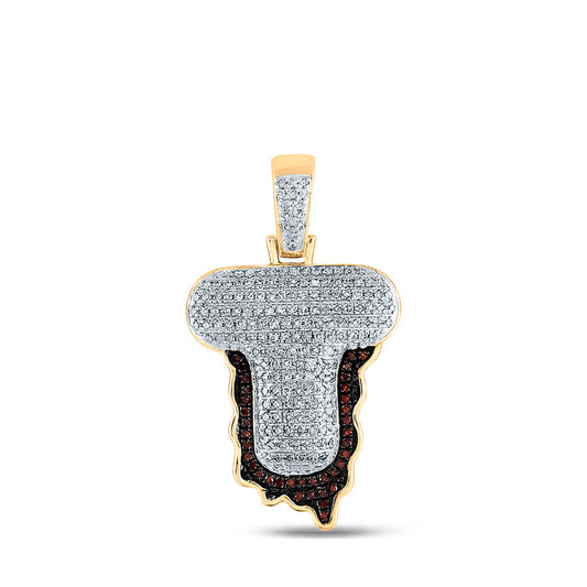 10K Yellow Gold Mens Round Red Color Enhanced Diamond Letter Blood Charm Pendant