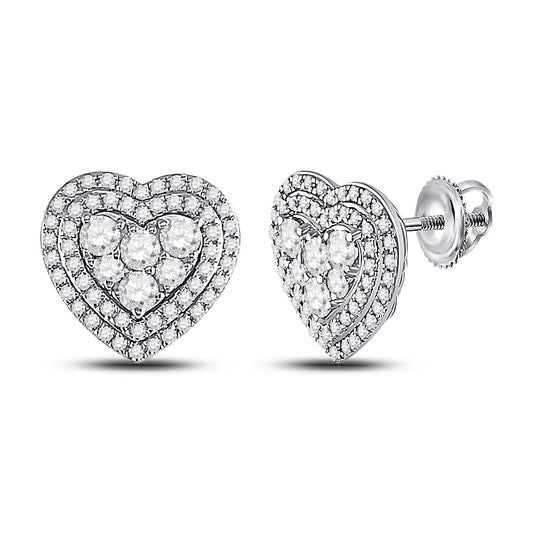 14K White Gold Womens Round Diamond Heart Earrings 1 Cttw