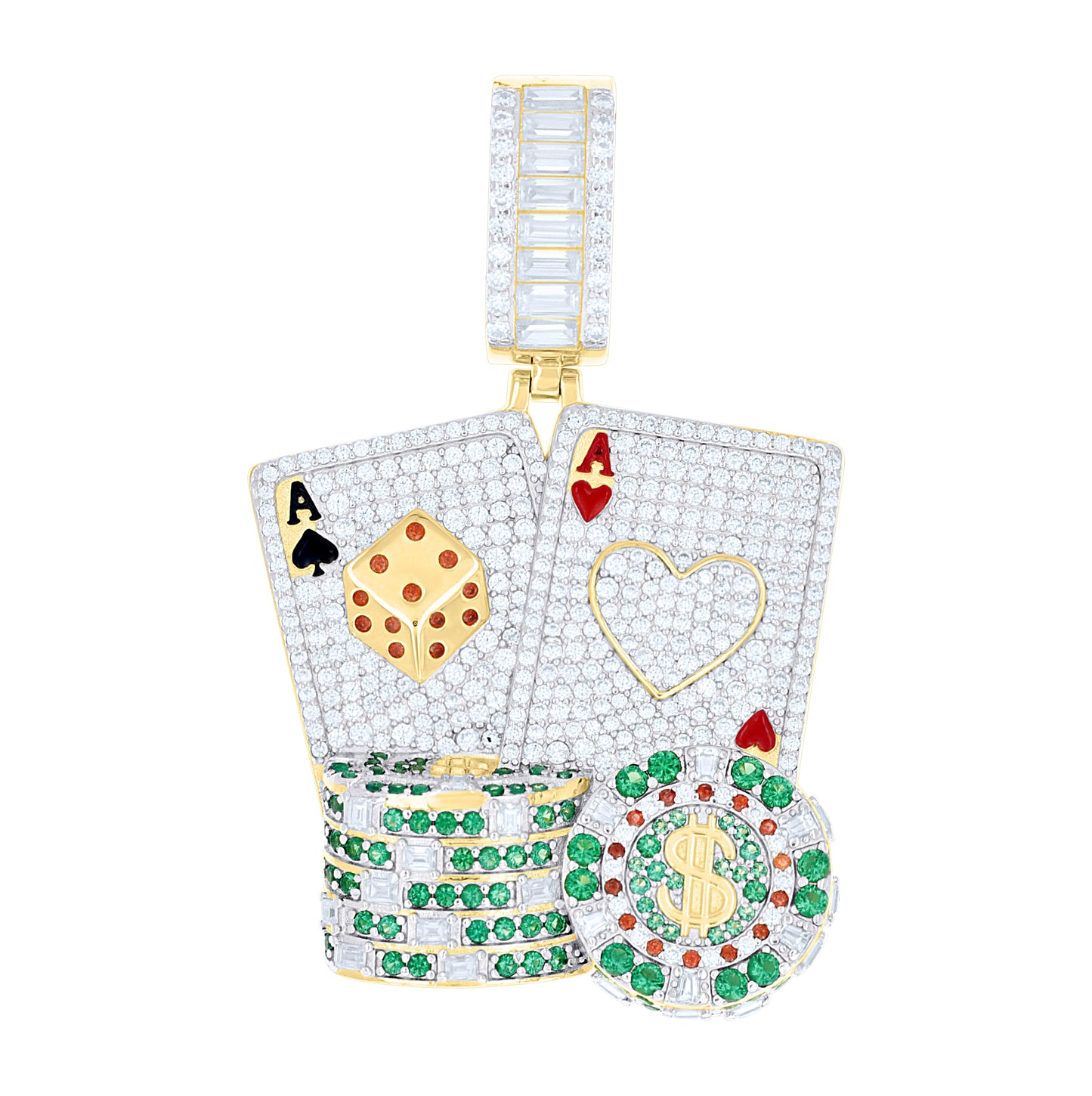 Sterling Silver Yellow-Tone Mens Green Red Moissanite Enameled Cards Dice Poker Chips Pendant – Elegant Jewelry Gift for Birthday, Anniversary, Engagement, Wedding
