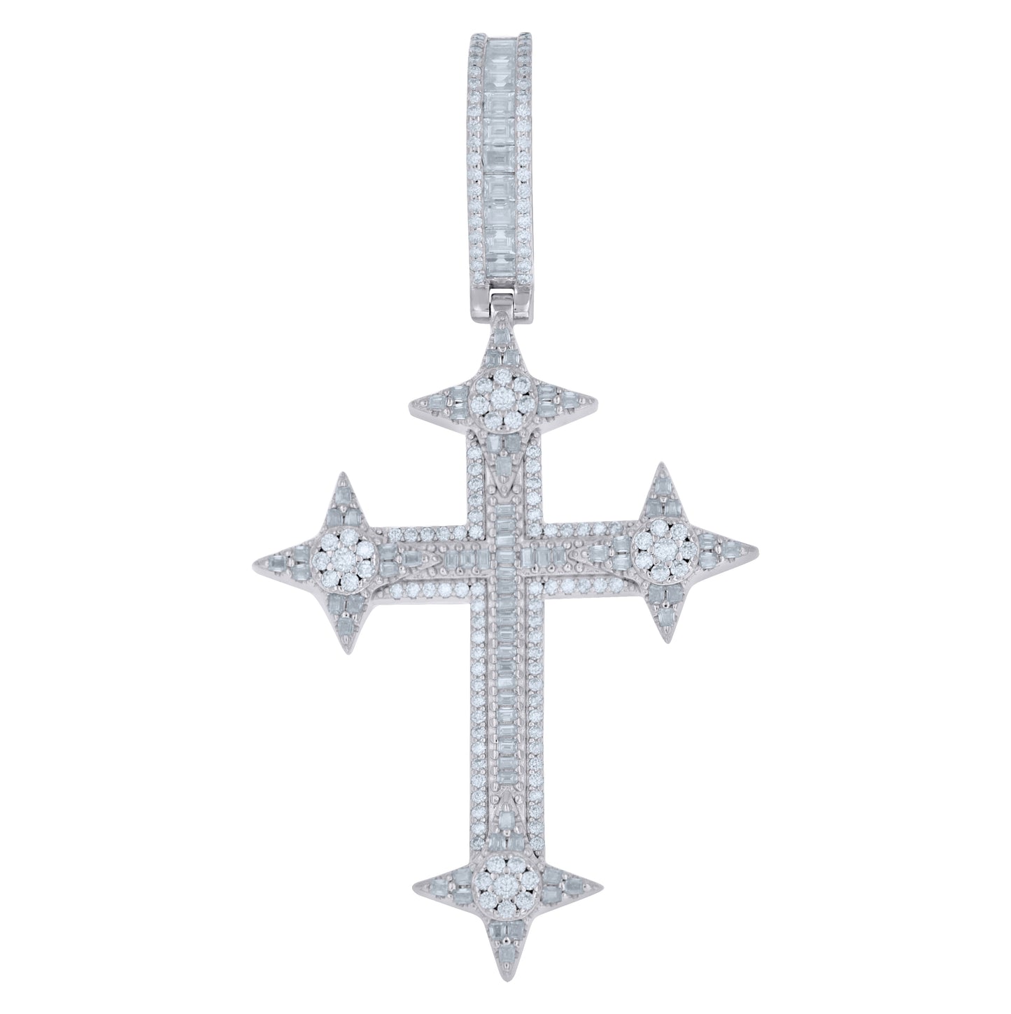 Sterling Silver Mens Baguette Round Moissanite Cross Religious Pendant – Elegant Jewelry Gift for Birthday, Anniversary, Engagement, Wedding
