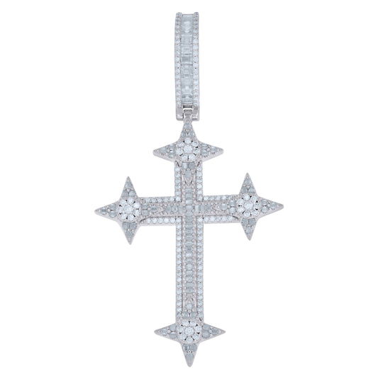 Sterling Silver Mens Baguette Round Moissanite Cross Religious Pendant – Elegant Jewelry Gift for Birthday, Anniversary, Engagement, Wedding